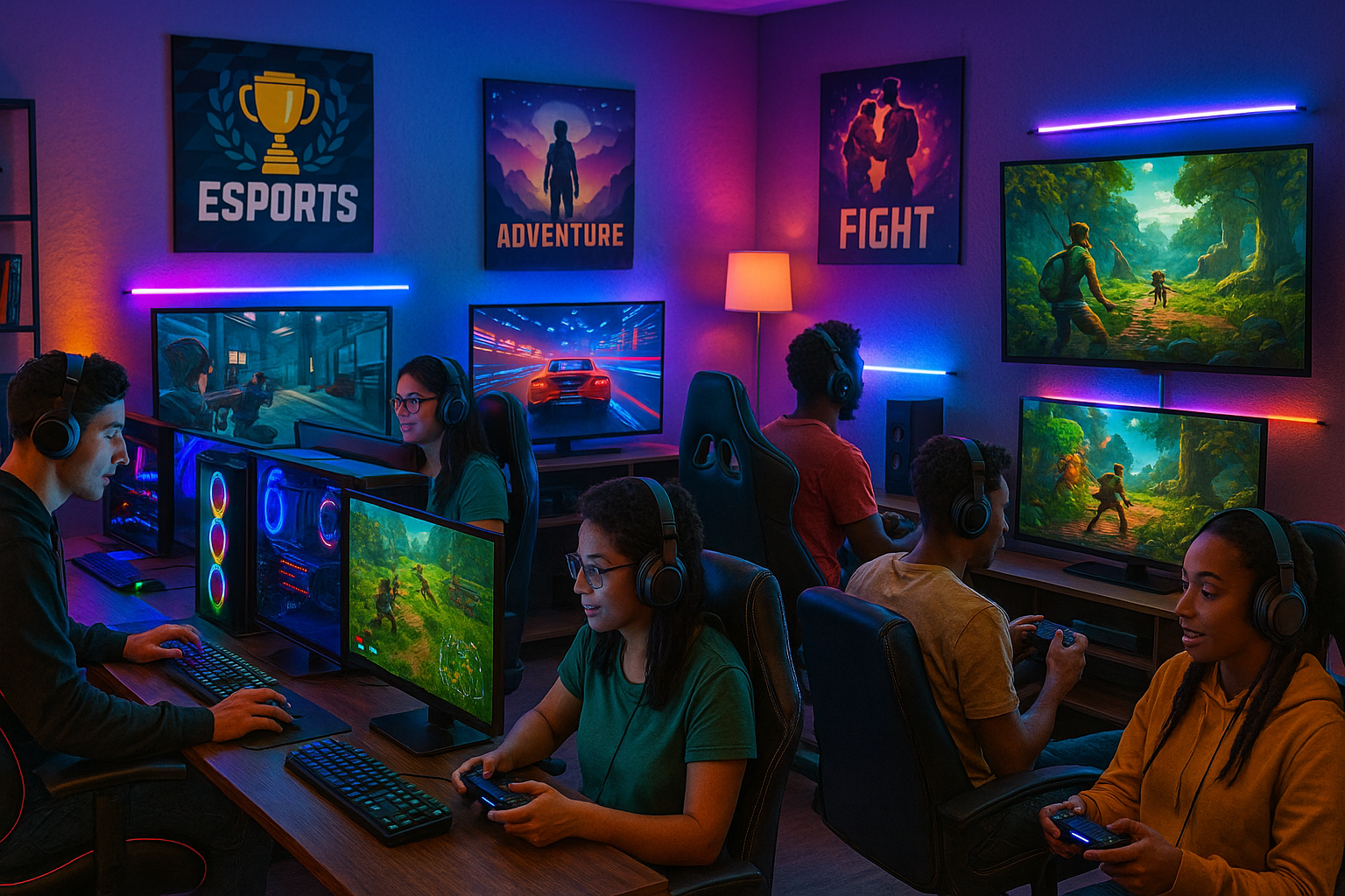 gaming station where multiple people playing multiple video games
